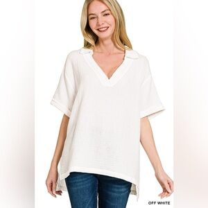 Zenana Double Gauze Short Sleeve High-Low Top